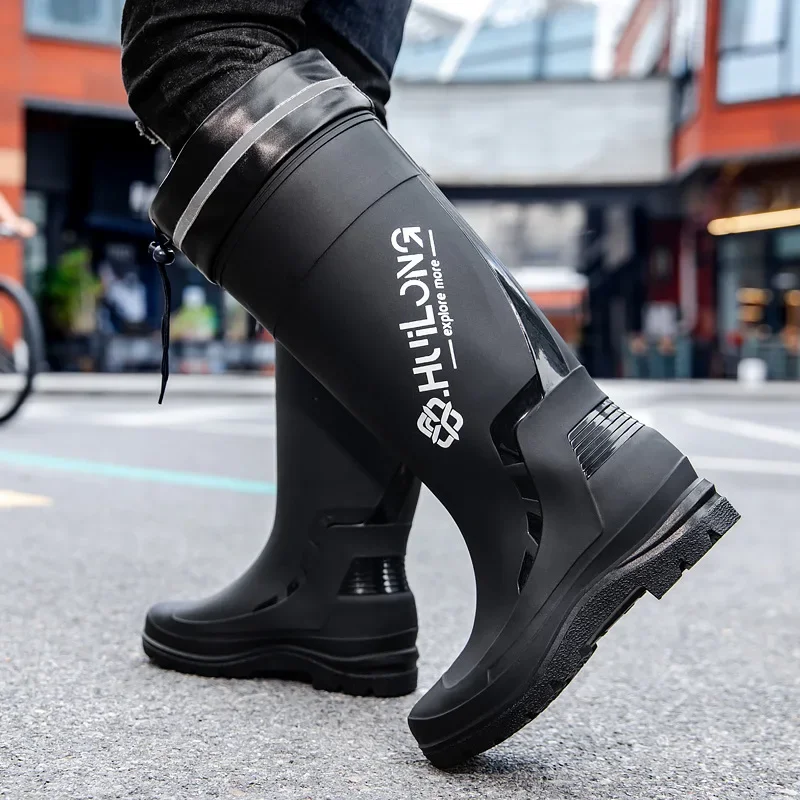 Bottes de pluie homme style allemand hautes tube coton ajouté anti-dérapant lacets pêche camping