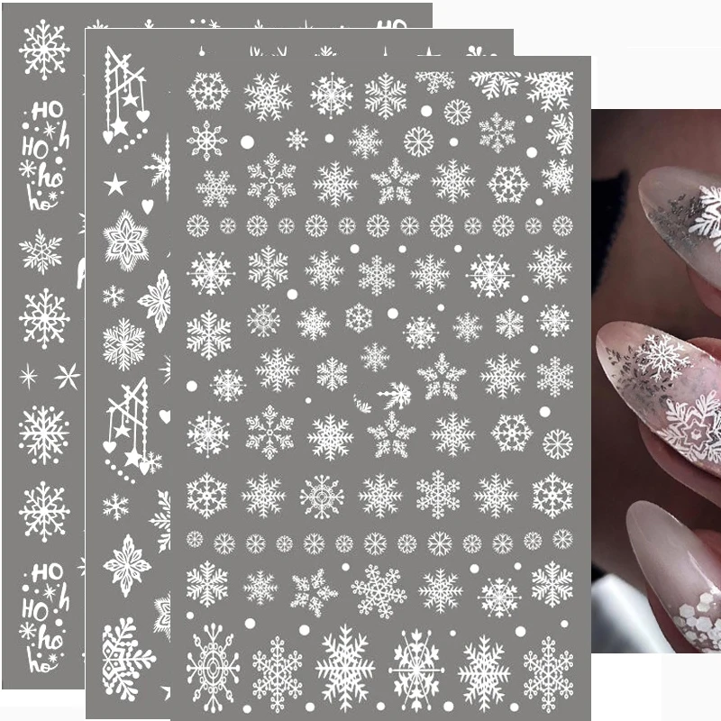 

3D Nail Stickers Back Glue Nail Stickers Winter White Christmas Trees Snowflakes Nail Decal Stickers For Nail Tips