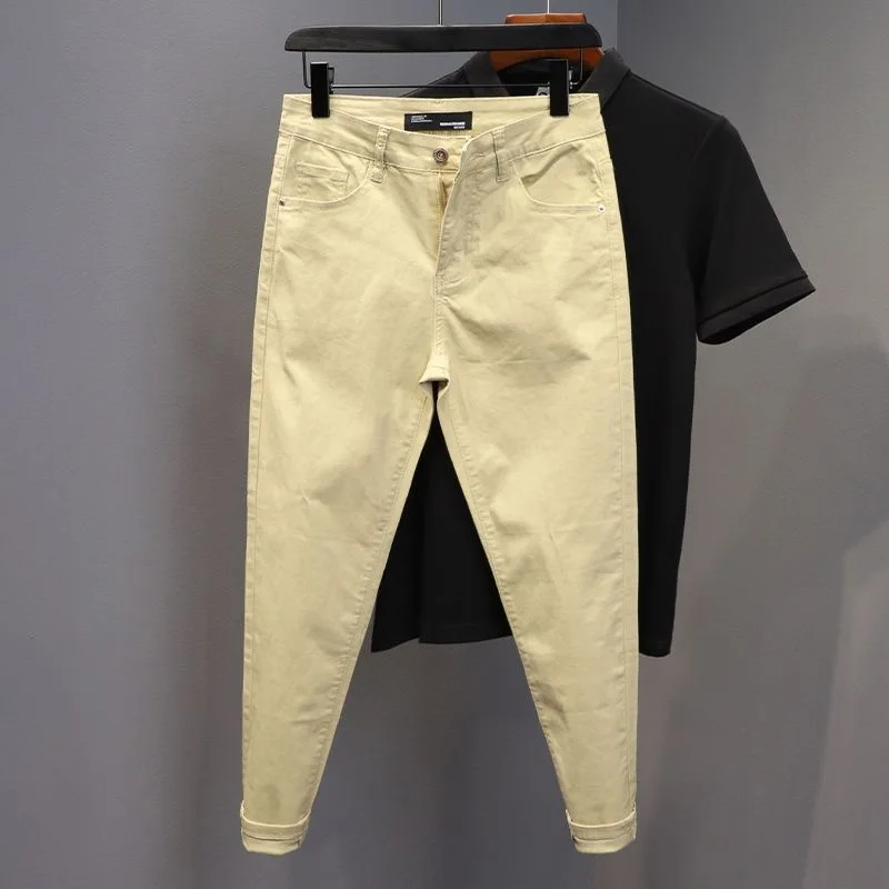 남성용 신축성 스몰 풋 팬츠, 편안한 캐주얼 청바지, 클래식 패션, 단색, 고품질, 2023 봄 및 가을, 신상 36