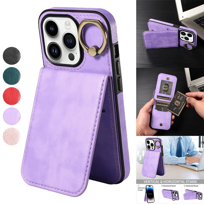 

For iPhone 15 Pro Max 14 Pro Max 13 Pro 12 Pro Max 11 Pro SE 2020 X XS Max XR 8 7 Plus Wallet Flip Card Bag Ring Leather Case