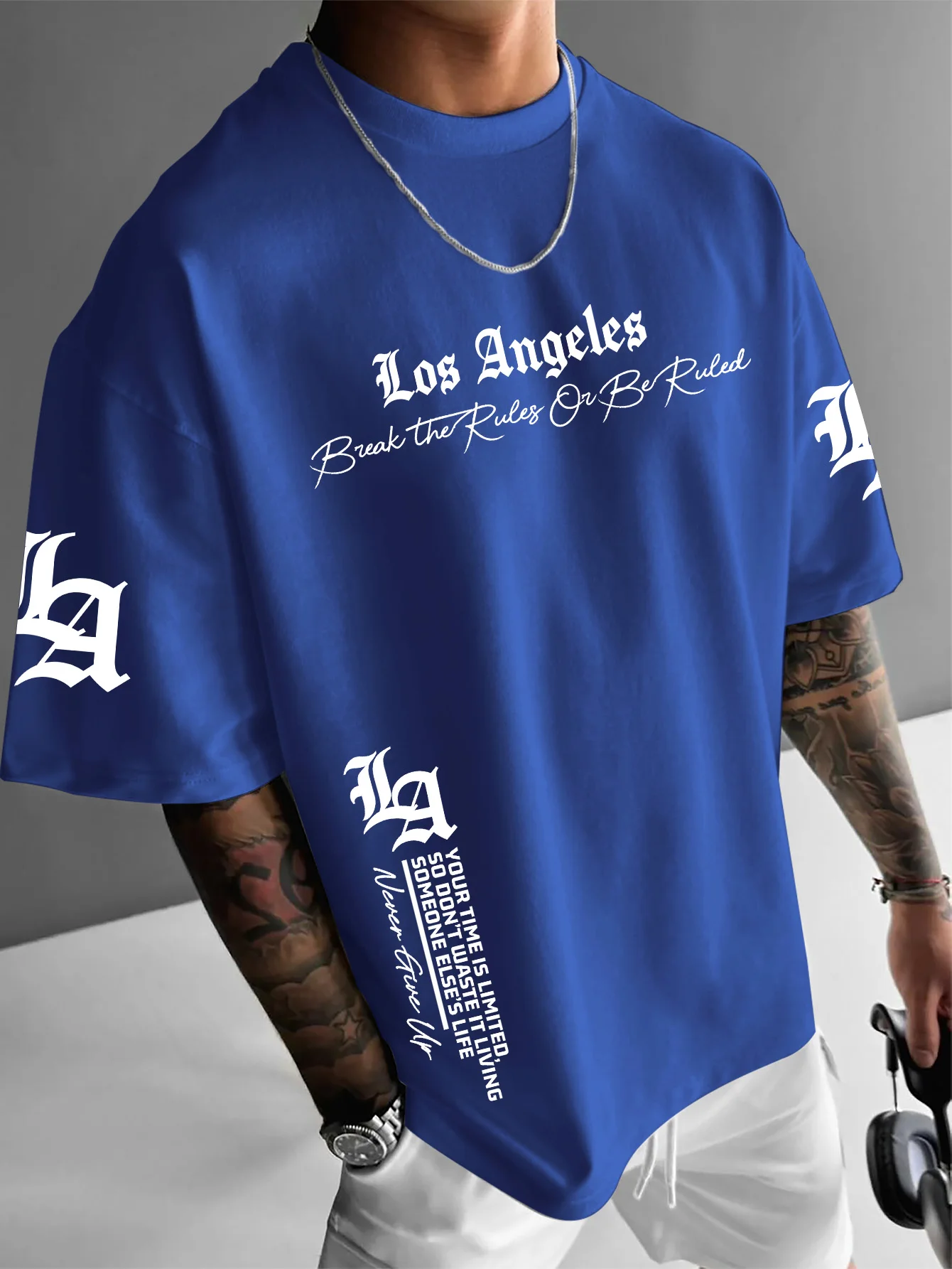 Herren-T-Shirt im amerikanischen Retro-Stil mit Los Angeles-Aufdruck, lockerer Rundhalsausschnitt, Street-Style, lässiges Oberteil – Detail 14