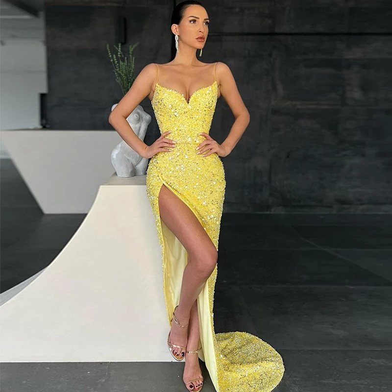 

2023 Yellow Shiny Sequins Evening Gowns Mermaid Sleeveless Side Split Robe Formal Party Prom Dress Fashion Celebrity Dress Gala