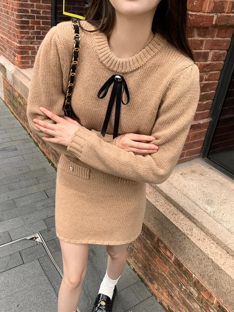 

Winter Vingate Knitted 2 Piece Set Women Bow Korean Fashion Retro Skirt Suit Female Korean Casual Solid Sweater Set 2023 New