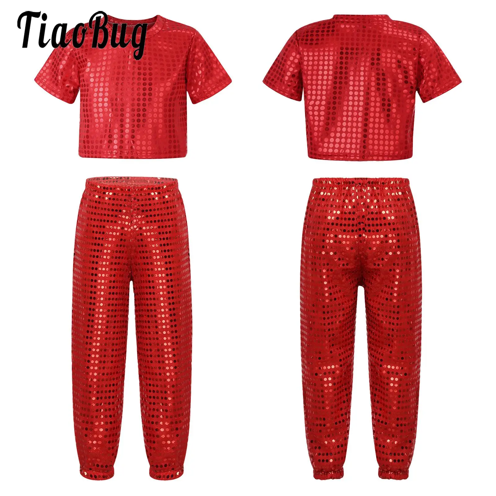 

Kids Boys Girls Shiny Sport Dance Suits Sequins Short Sleeve Crop Top and Sport Pants Hip hop Street Dance Performance Costumes