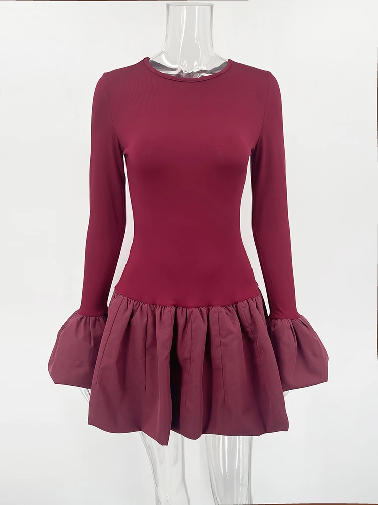 Angora Red Flare Sleeve Mini Dress For Women Fashion Splice Folds Autumn Winter Dress A-Line Sweet Bodycon Women Clothes