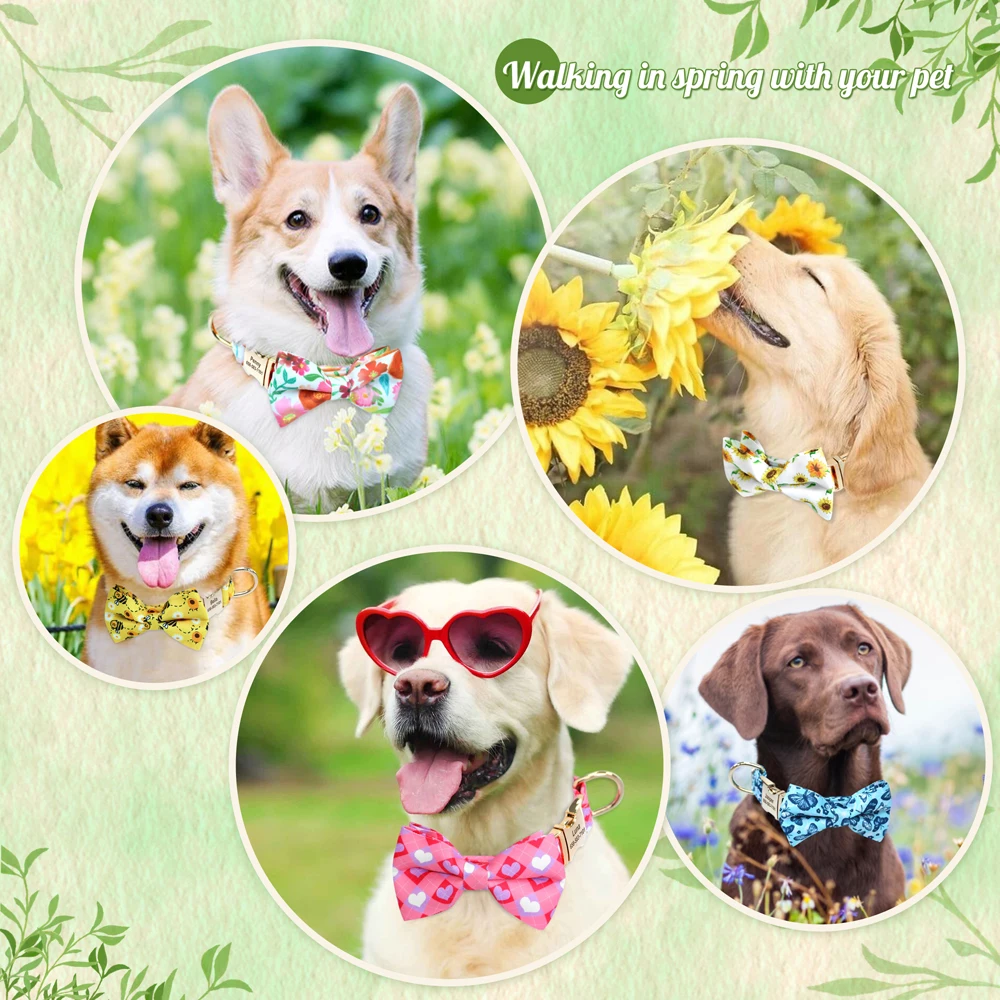 Bowtie Dog ID Collar Personalized Nylon Dog Collars Bowknot Free Engraved Flower Bee Heart Necklace for Small Medium Dogs