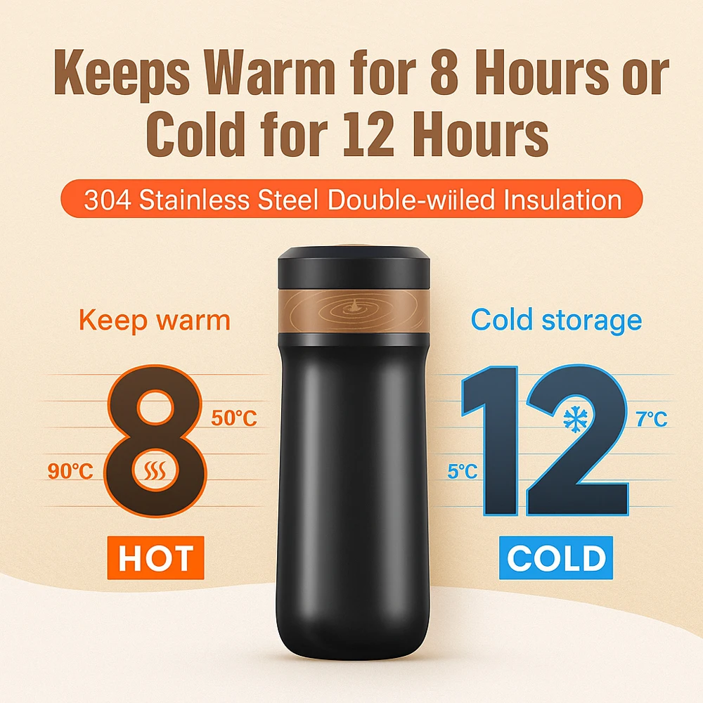 Insulated Stainless Steel Travel Coffee Mug with Double Filter, 320ml Capacity