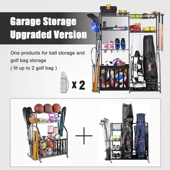 Garage Sports Equipment Storage, 2 Golf Bag Storage Stand and Other Sports Equipment Storage Rack, Garage Organizer System 2