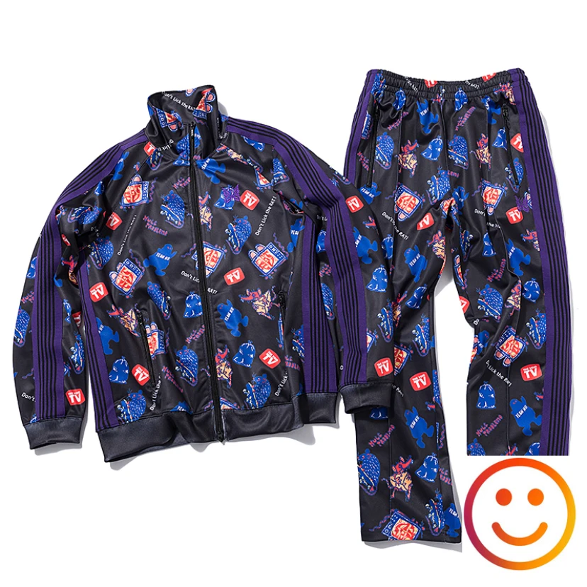 Stripe Black AWGE Needles Cartoon Anime Zipper Jacket Set Classic Butterfly Embroidery Ribbon Clothing for Men Women Tracksuit