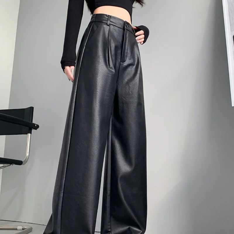 Women's Autumn Winter Korean New High Waist PU Leather Pants Fashion Windproof Warm Button Zipper Loose Versatile Wide Leg Pants