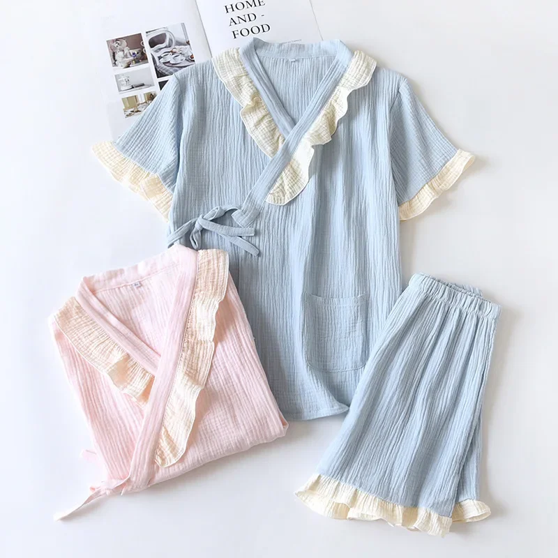 

Japanese style kimono new ladies solid color short sleeve + shorts pure cotton double crepe pajamas sleep pants suit plus size