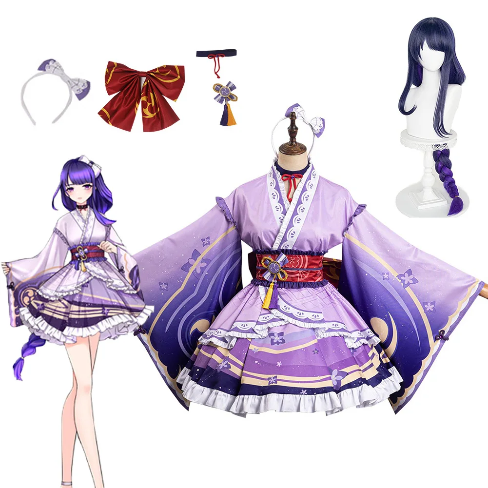 

Game Genshin Impact Raiden Shogun Cosplay Lolita Dress Wigs Kawaii Female Girls Roleplay Fantasia Halloween Carnival Costume