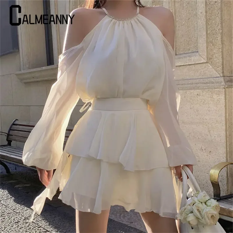 2023 Spring Korean Edition Fashion Trend Elegant Design Casual Long Sleeve Bare Shoulder Top Irregular Short Half Skirt Set