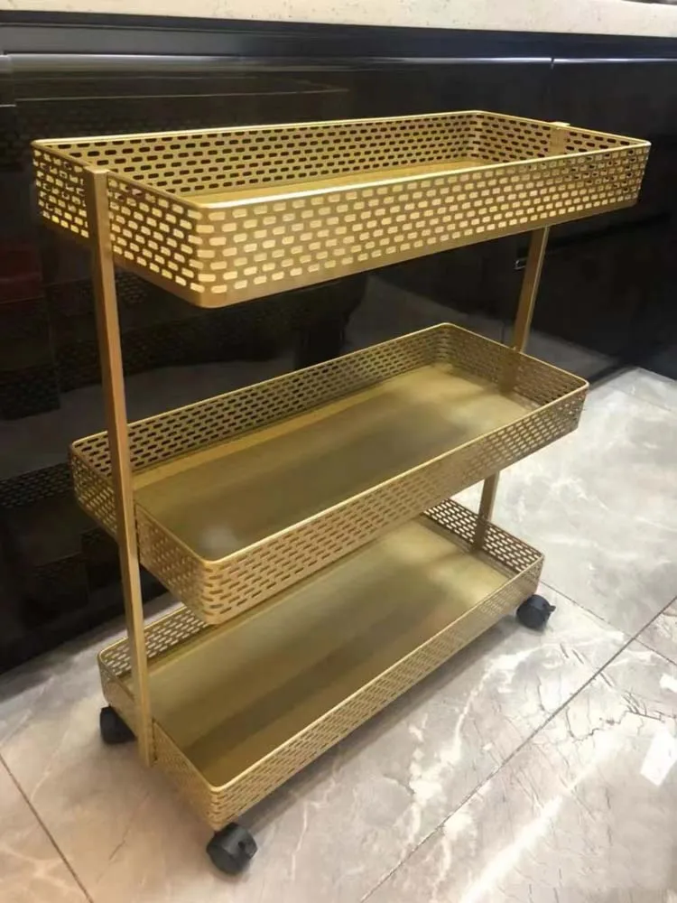 Golden Iron 3 Layers Storage Cart with Wheels Rack Storage Basket Shelf Household Kitchen Bathroom Bedroom Living Room
