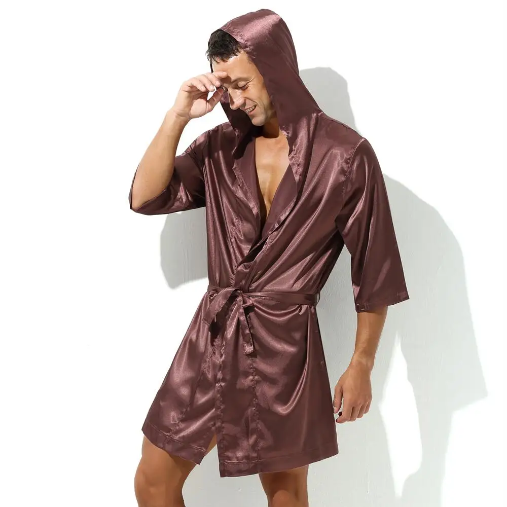 Sexy Sleepwear Men Robes Bathrobes Soft Silky Short Sleeve Nightgown Mens Homewear Dressing Gown Male Pajamas (No shorts) - 2