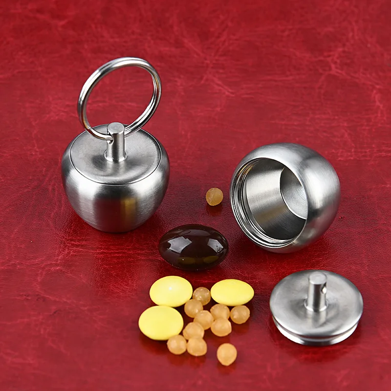 Mini Stainless Steel Apple Shape First Aid Medicine Bottle EDC Waterproof Warehouse Sealed Pill Box Key Chain Survival Tool