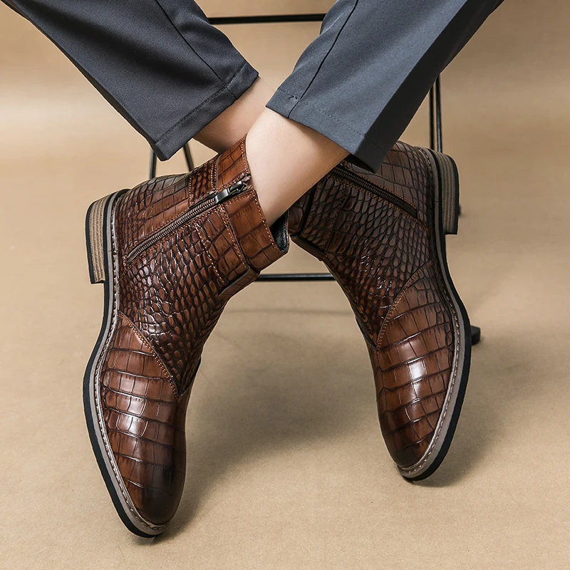 High End Banquet Formal Boots Winter Ankle Boots Men's Business Shoes Pointed Men's Genuine Leather Shoes Retro Brown Size:38-46