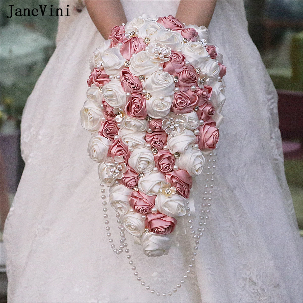 janevini-滝の形をした花の形をしたブーケ手作りのアイボリーサテンのバラの装飾結婚式のアクセサリー