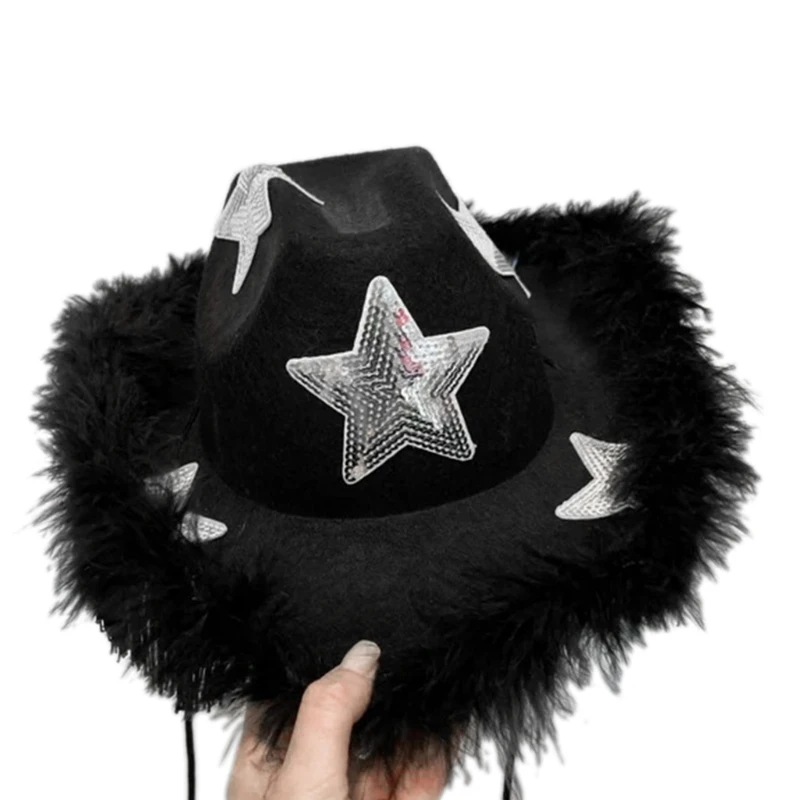Cowboy Hat for Girls Sparkly Cowgirl Hat with Sequins Star Feathered Trim Party Hat Costume Accessories for Women 2