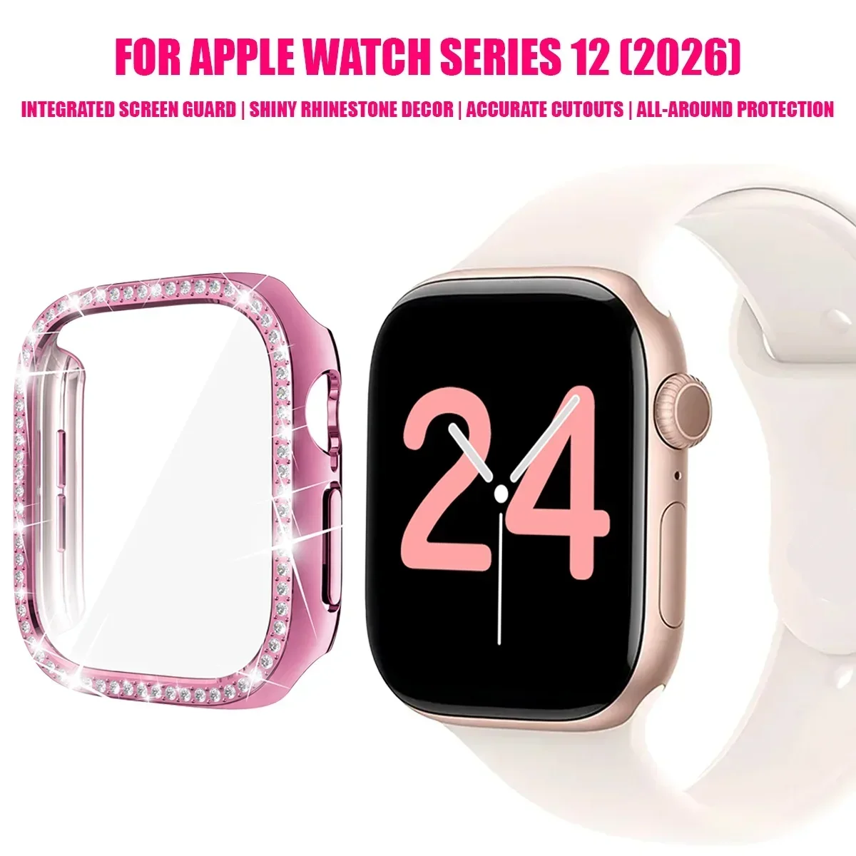 Luxury Bling Diamond PC Watch Case with Tempered Glass Screen Protector Bumper