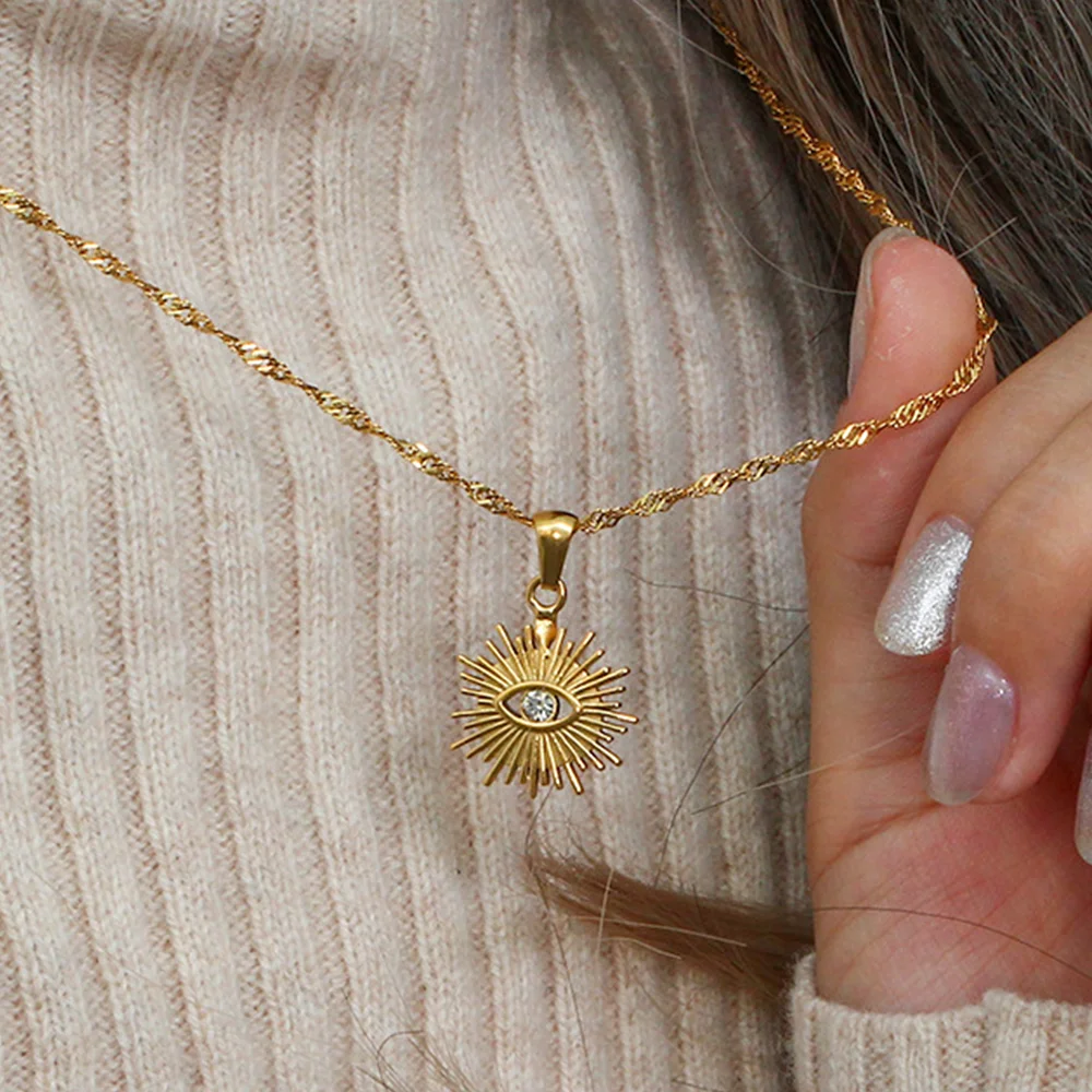 

Creative Devil's Eye Necklace for Women Men 18k Gold Plated Stainless Steel Necklaces Elegant Water Wave Chain Zircon Pendant