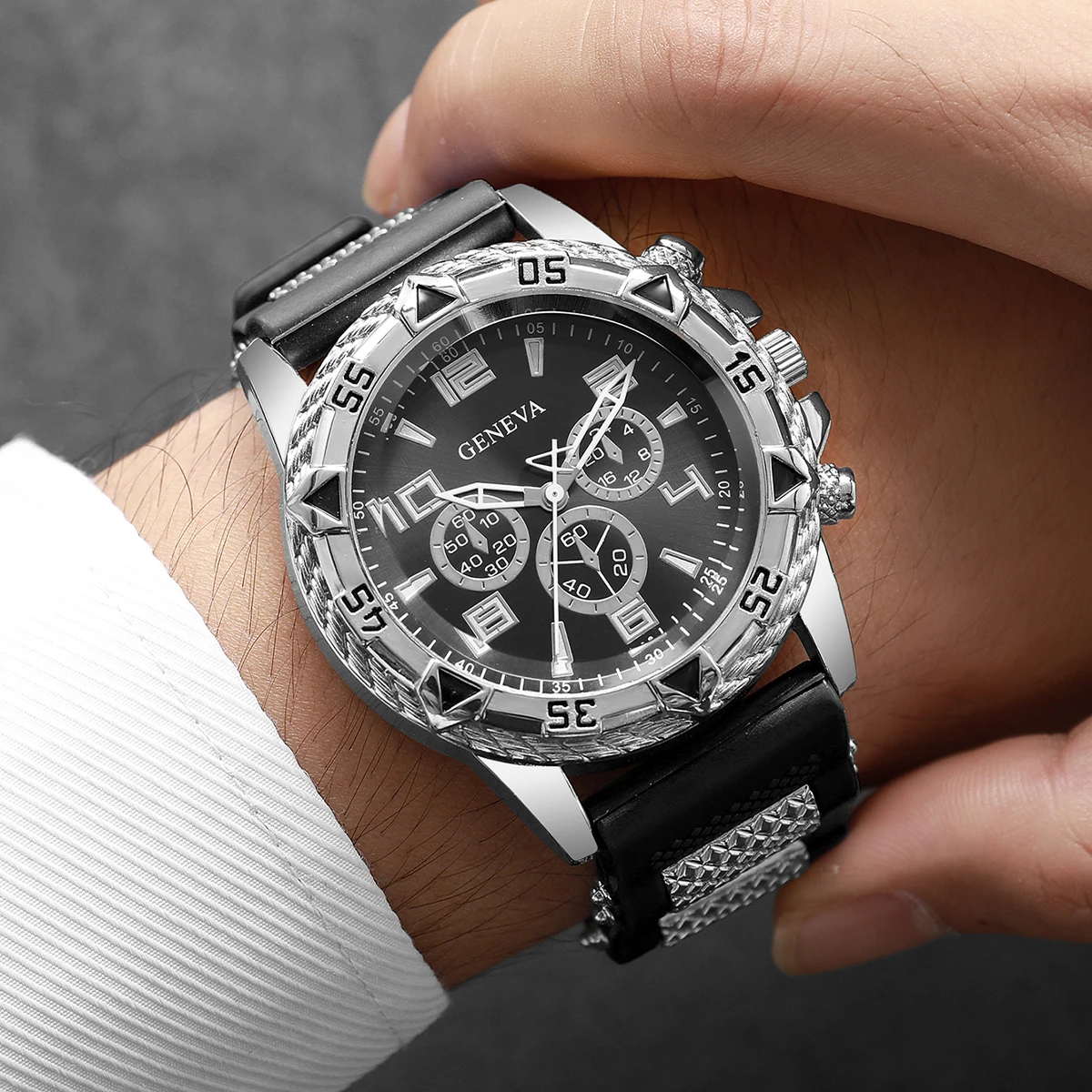 6pcs/set Luxury Men's Watch Large Dial Silicone Strap Casual Sports Business Quartz Watch Set, Multiple Colors Available(No Box)