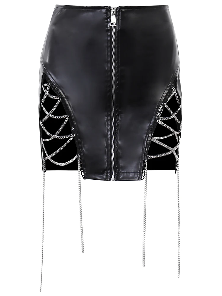 InstaHot Y2K Punk PU Black Skirts Women With Chain Cut Out Zipper Bodycon Clothes Sexy Fashion Harajuku Leather Skirts Aesthetic