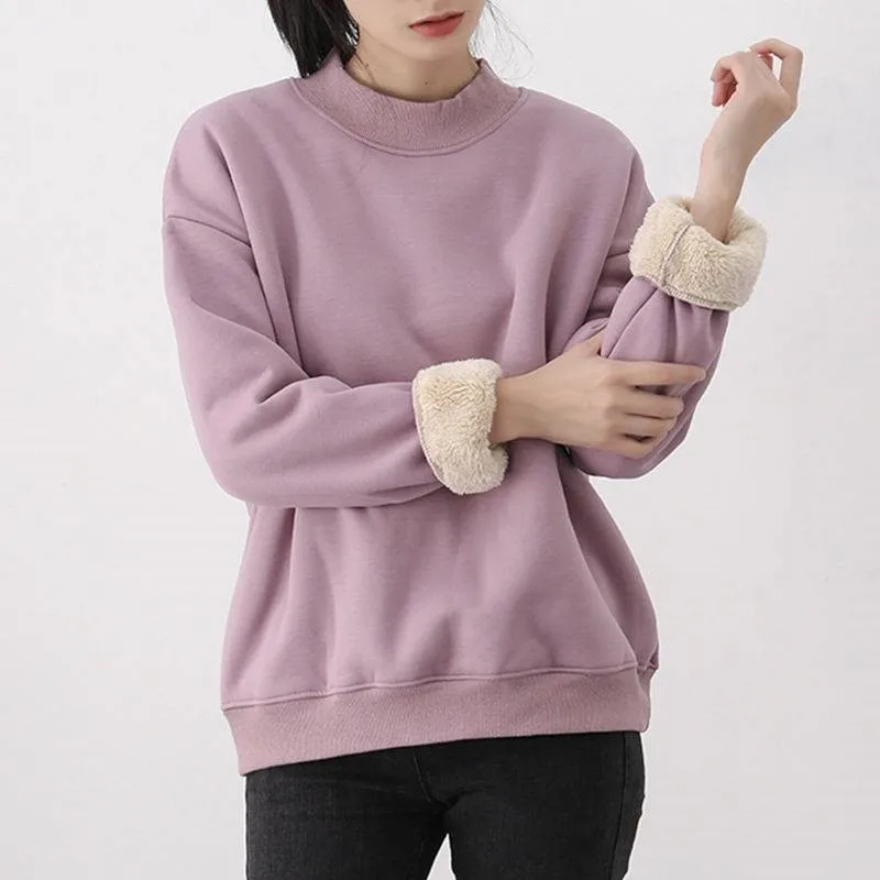 2023 New Outwear Lamb Wool Warm Solid Color Simple Sweatshirts Women Autumn Winter Plus Velvet Loose O-neck Top