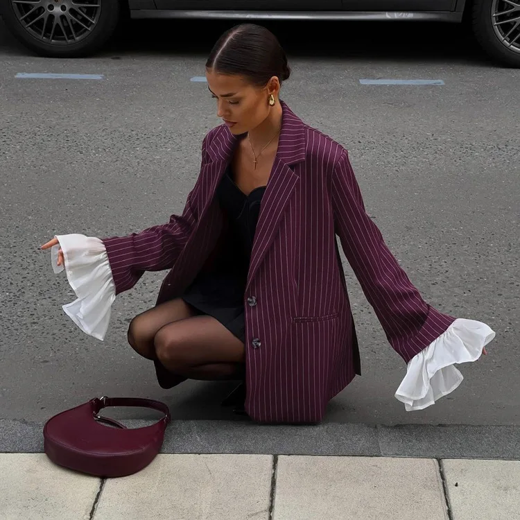 Lace Striped Suit Outwear For Women Patchwork Long Sleeve Lapel Fashion Commute Pocket Coat Ruffled Female Loose Blazer