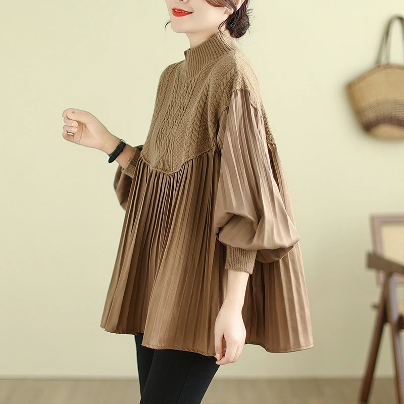 Loose Fit Women's Knitted Patchwork Sweater plus Size irt Top Slimming Effect Comfortable Long Sve High Collar Base Layer