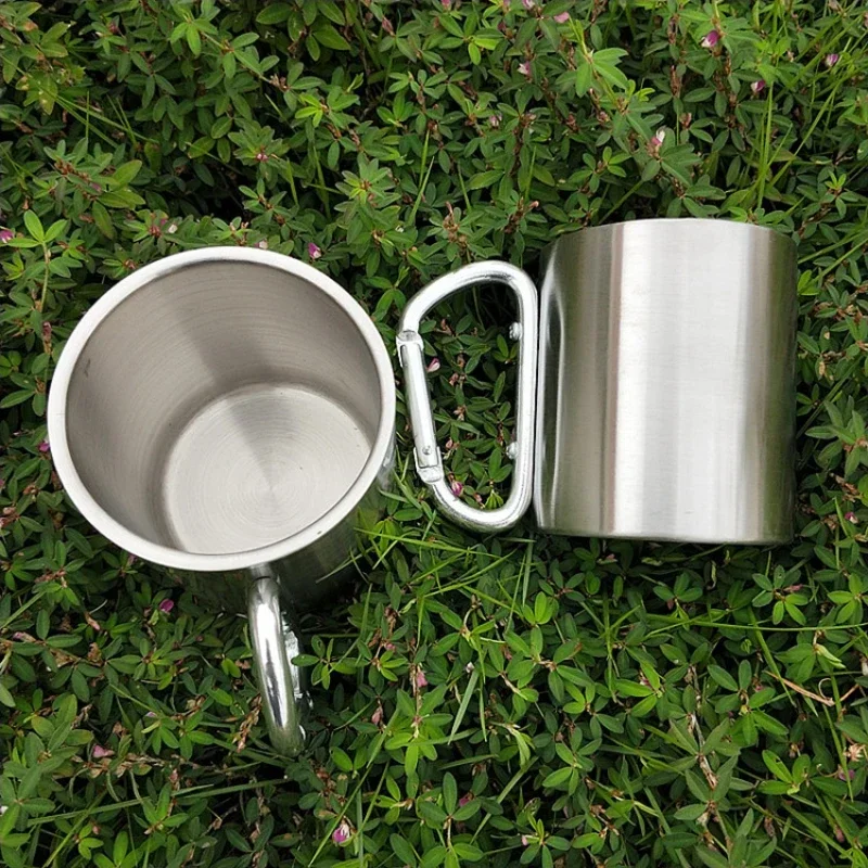 220ml Stainless Steel Cup for Camping Traveling Outdoor Cup with Handle Carabiner Climbing Backpacking Hiking Portable Cups