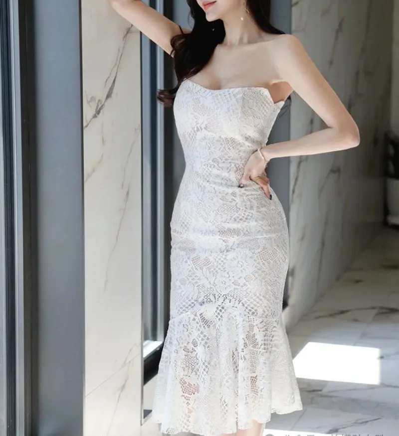 

Chic Lace White Dress Bodycon Strapless Elegant Korean Fashion Women's Clothing Evening Party Sleeveless Dress Office Lady