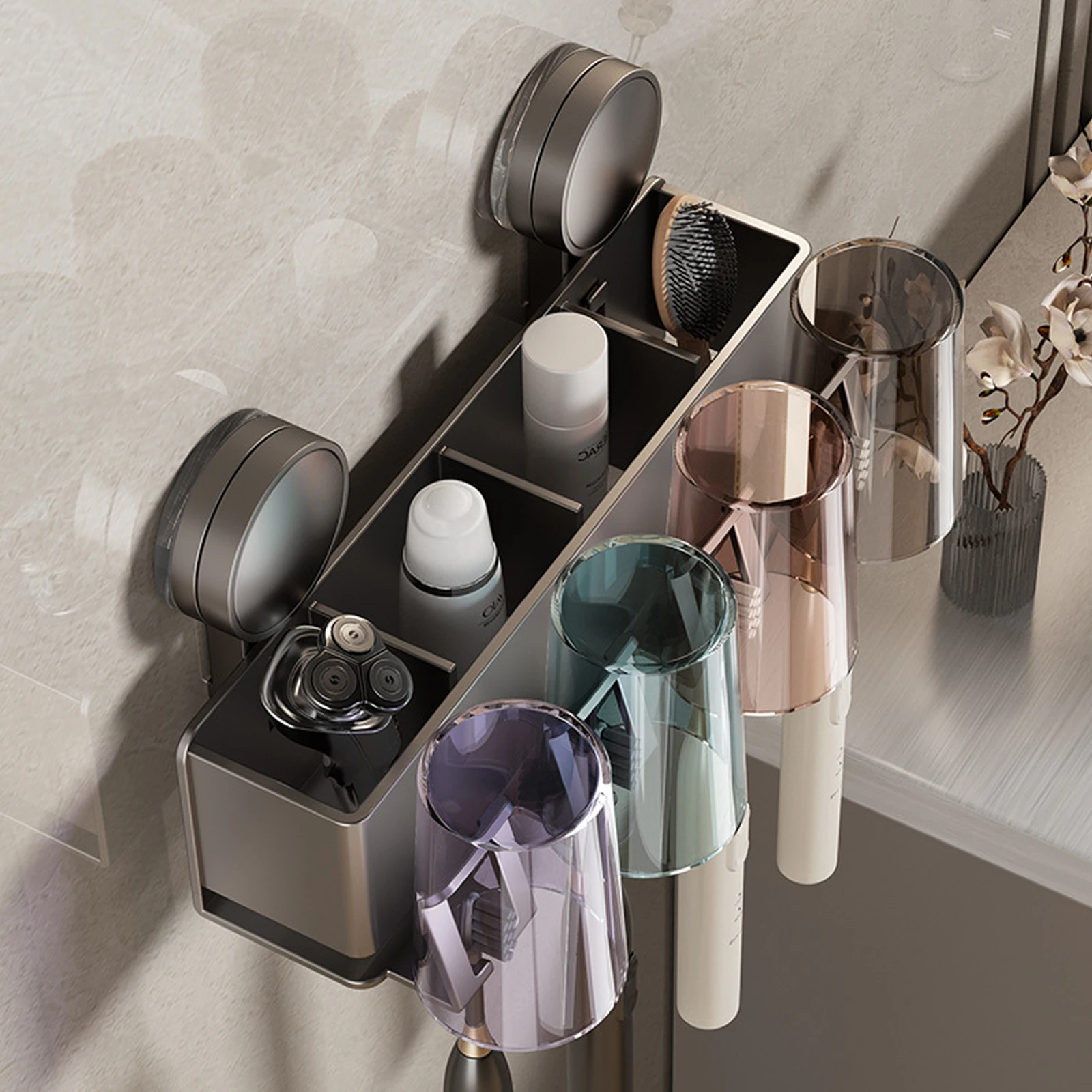Toothbrush Holder Suction Cup Toothbrush Holder With Squeezer Perforation-free Bathroom Shelf Mouthwash Cup