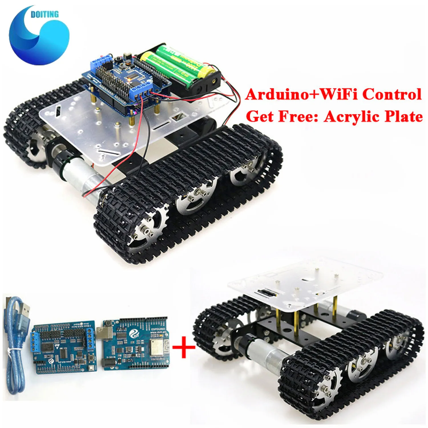 

WiFi RC Smart Robot Tank Chassis with Dual DC Motor+ ESPduino Development Board+ Motor Driver Board for DIY Arduino Project T100