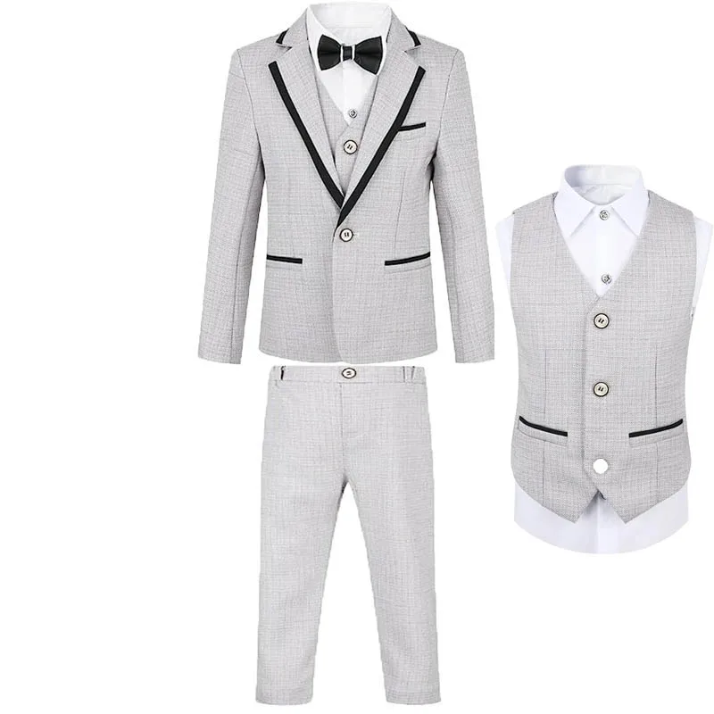

Gentleman Kids Wedding Party Suit Teenager Boys Host Jacket Vest Pants Bowtie 4P Ceremony Tuxedo Dress Children Photography Suit