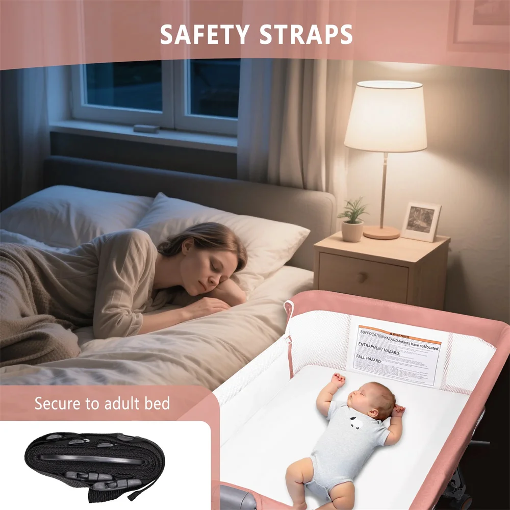 Baby Bassinet, HDJ Baby Bedside Sleeper Bassinet with 360° Wheel, Portable Infant Bed Side Crib for 0-6 Months, Pink Sffad98ab1ed4454abac775c1ba25880fa