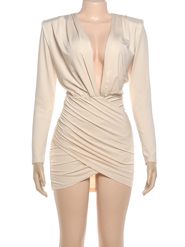 Nibber Deep v-Neck Dress Women Folds Full Sleeve Cross Hem Solid Skinny Chic Elasticity Elegant Prom Party Fashion Mini Bodycon