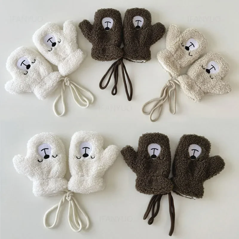 Children Lamb Wool Neck Hanging Gloves Mittens Kids Accessories 2-6 Years