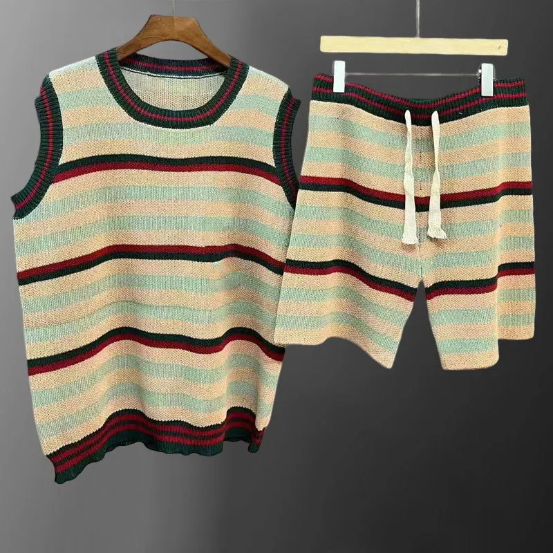 2023 Men Breathable Comfortable 2 Piece Set High Quality Contrast Stripe Knit Sleeveless Tank Top +Short Homme Camisetas Hombre 4