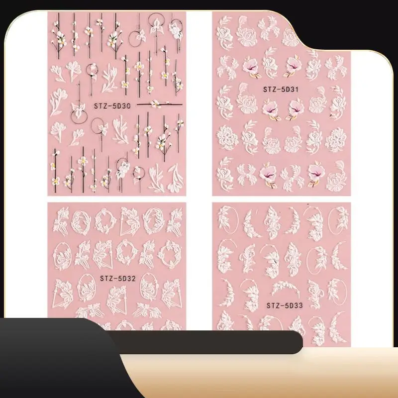5D Embossed Flower Nail Art Stickers 4 Sheets Self-Adhesive Decals Floral Design Nail Decoration For Women Girls Durable
