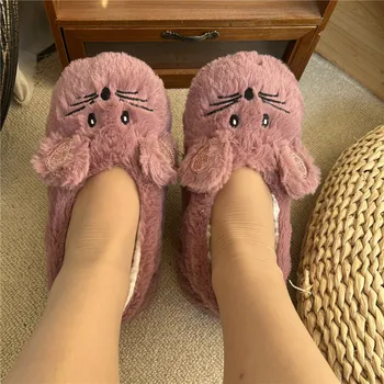Winter Warm Slipper Women Home Fuzzy Fur Contton Plush Non Slip Grip Indoor Fluffy Lazy Female Mouse Ears Embroidery Floor Shoe 1