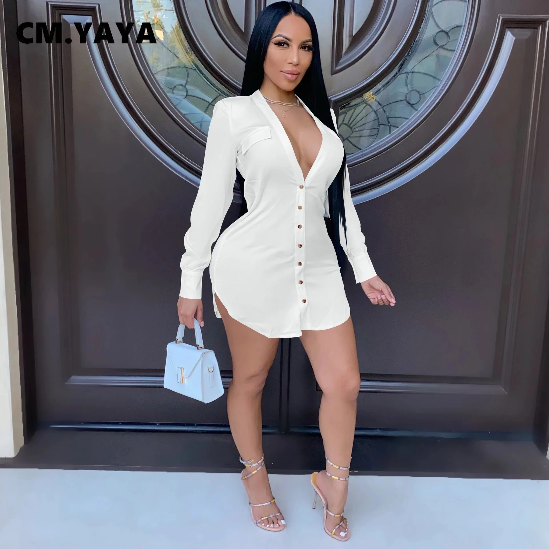 Women Mini Dress Solid Full Sleeve V-neck Single