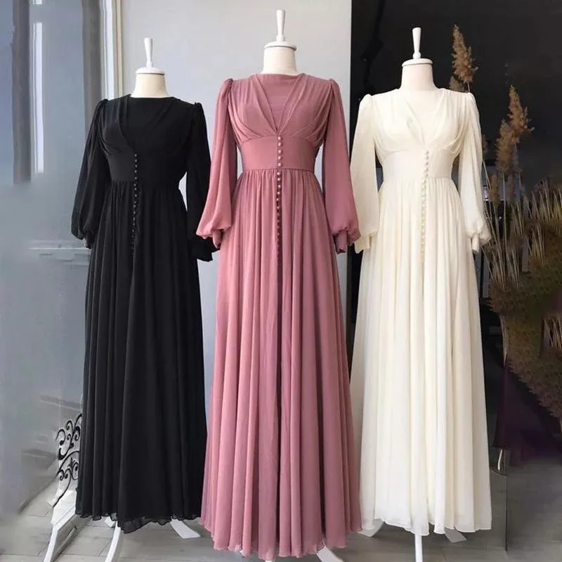 

Muslim Chiffon Prom Dresses A Line Long Puffy Sleeves Turkey Formal Women Evening Gowns Ruffle Pearls Beads Wedding Festa 2023