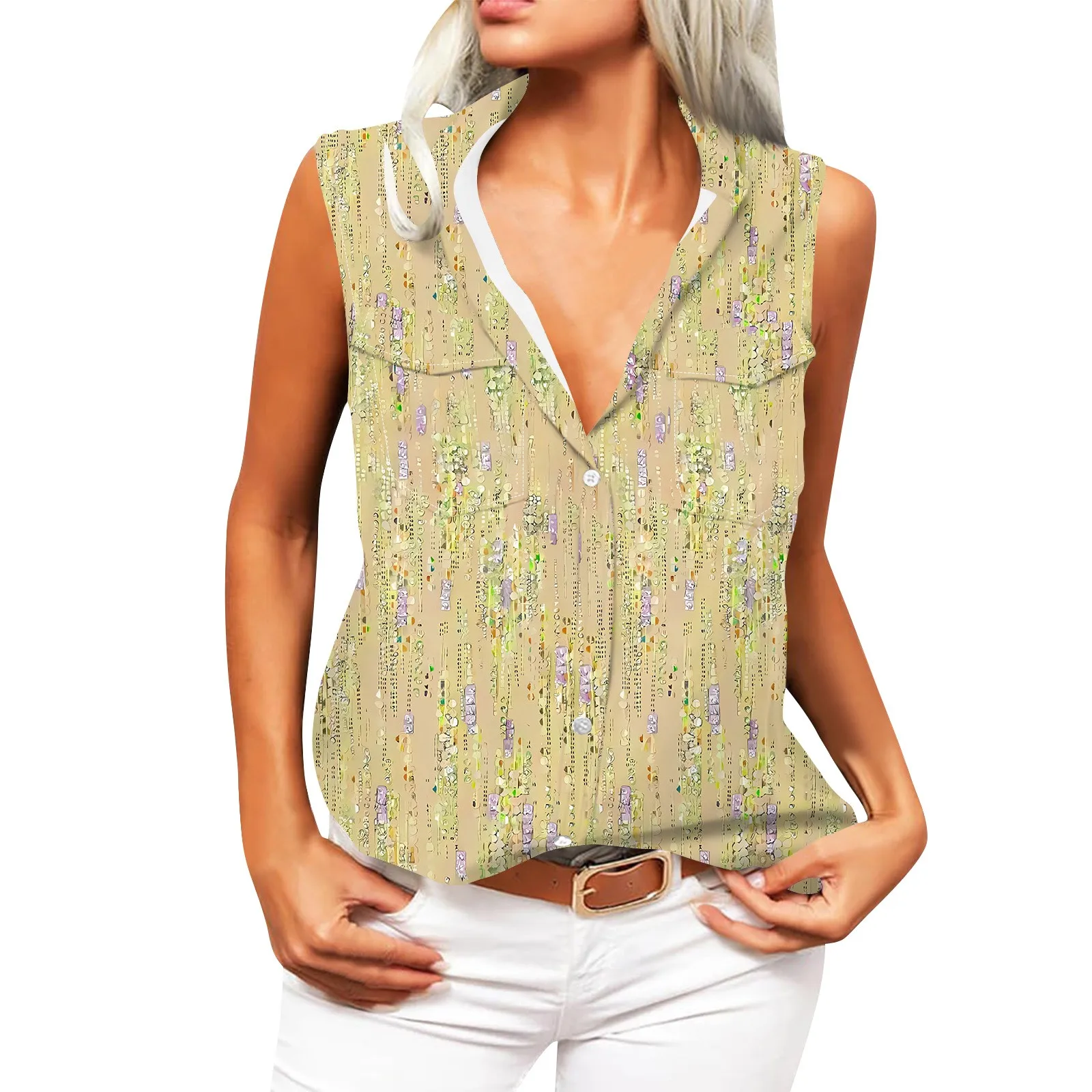 

Топ женский с принтом, рубашка без рукавов, на пуговицах, с лацканами, топ Гранде, на лето