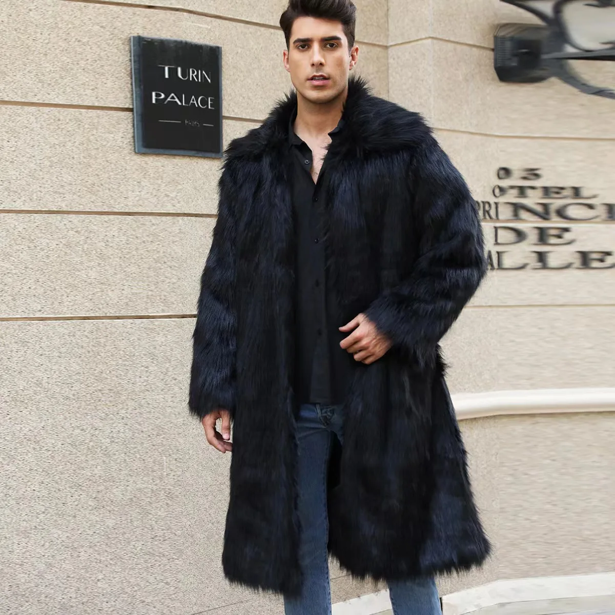 Autumn Winter New Overcoat Imitation Fur Men's Long Coat Long-sleeve Turm-down Collar Warm Cardigan Loose Windbreak