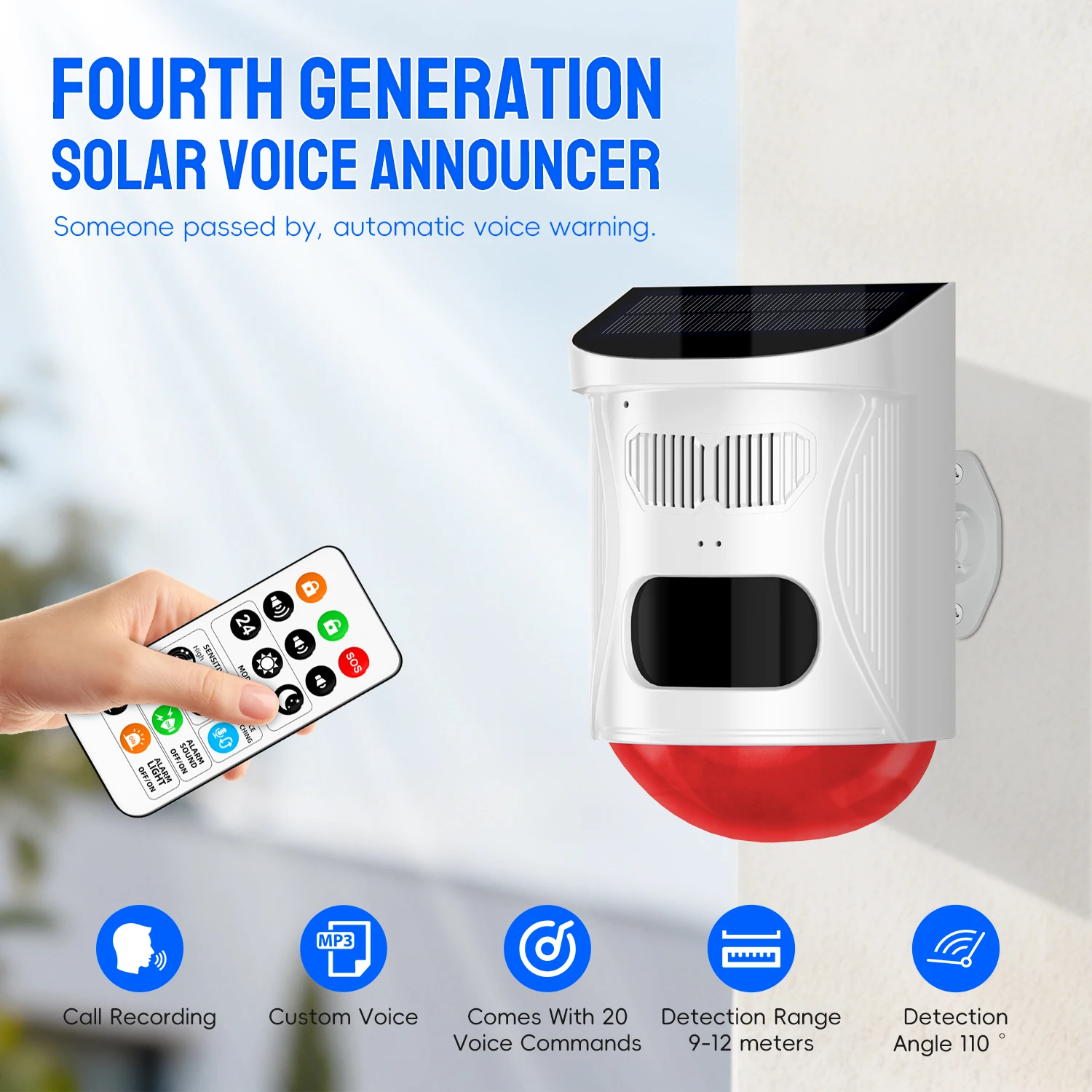 Solar Powered Voice Security Alarm - Waterproof, Motion Activated, with Recording & Remote - 2