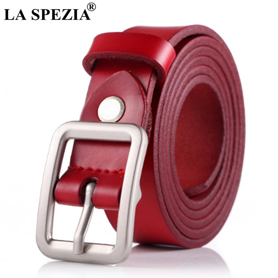 LA SPEZIA Red Women Leather Belt Square Buckle Female Vintage Casual Ladies Pin Buckle Belts For Jeans Black Coffee Orange Brown