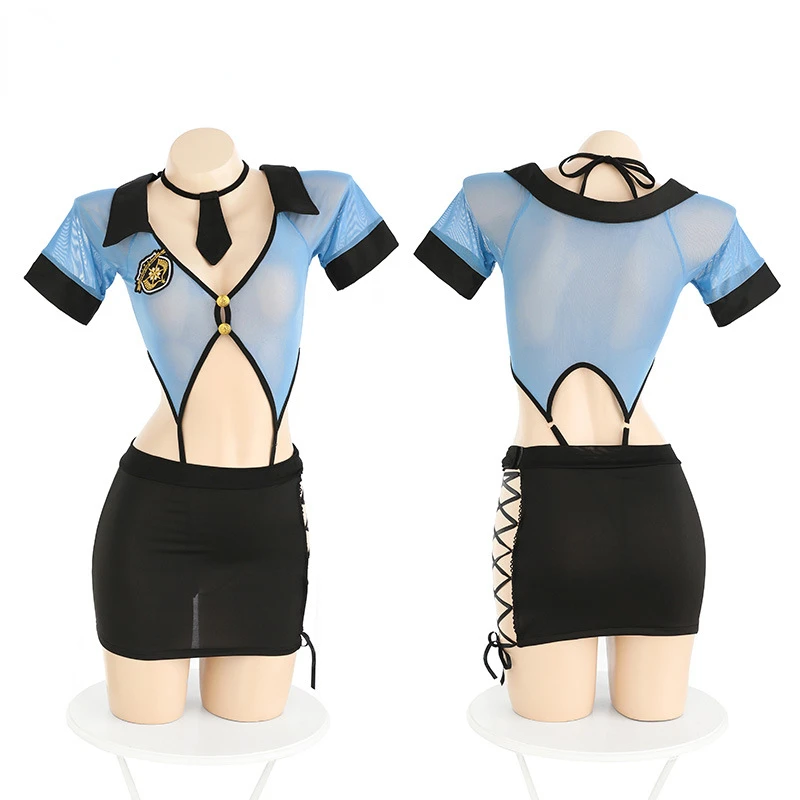 Women Lingerie Women Lingerie Set Women Cosplay Costume Latex Bodysuit Sexy Police Women Office Lady Cosplay Costume V-neck Open Chest Fluoroscopy Bodysuit Flight Attendant Cute Skirt Erotic Lingerie