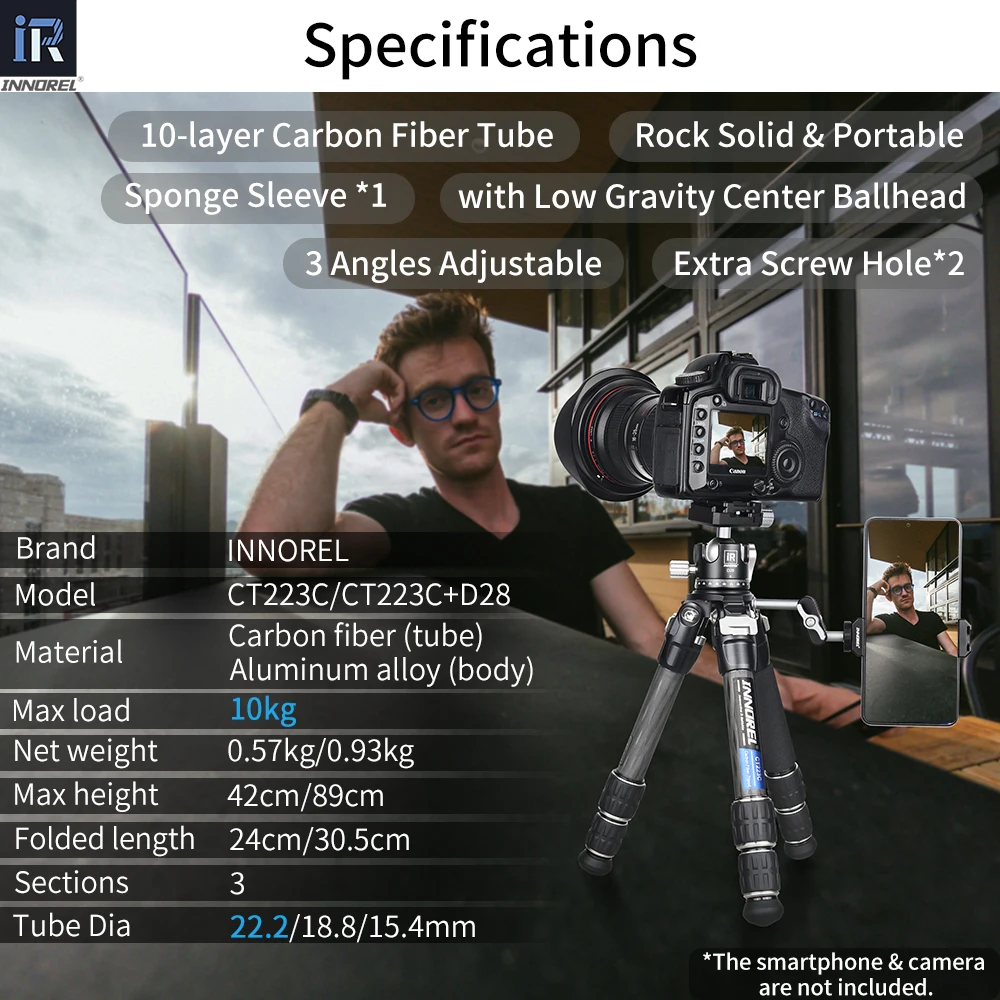 INNOREL 부하 10kg CT223C 미니 탁상용 삼각대 디지털 DSLR, DV 비디오, 휴대폰용 10층 탄소 섬유 소형 데스크탑 삼각대