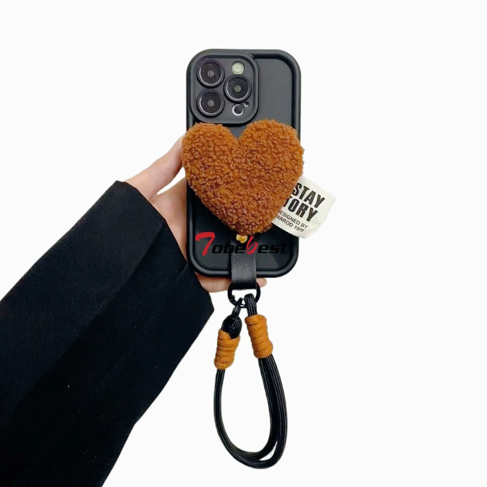 Brown Plush Love Heart Silicone Phone Case - Soft Protective Back Cover